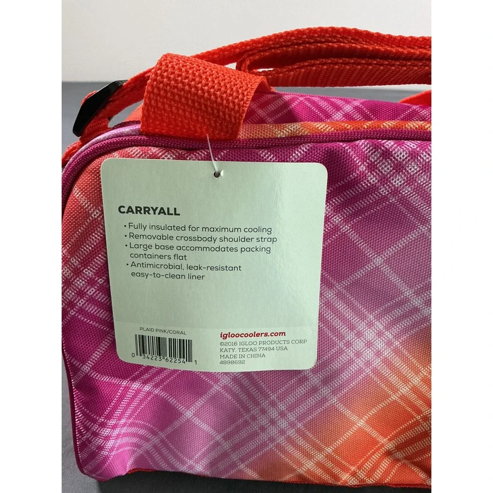 Igloo Carryall Insulated Cooler Bag Pink Coral Plaid Crossbody Lunch Tote NEW